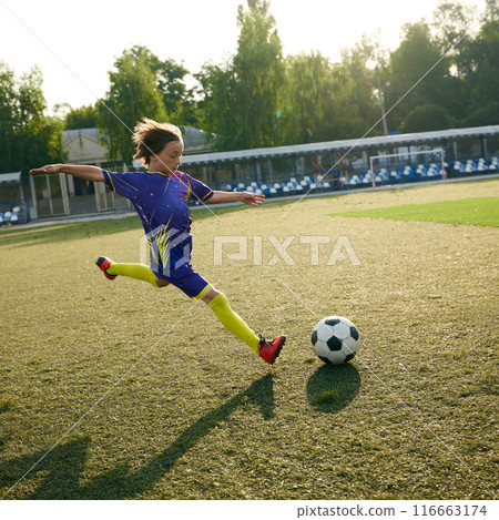 Dynamic image of boy, child in purple uniform in motion, running on field and kicking ball during outdoor soccer game 116663174