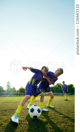 Boys in purple soccer uniforms competing for control of ball during game, showcasing competitive spirit. Vertical image. Boys in purple soccer uniforms competing for control of ball during game, showcasing competitive spirit. Vertical image. 116663310
