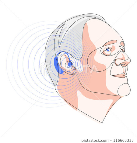 Senior man wearing hearing aid and hears well. Otolaryngology treatment concept. One line drawing of healthcare device, medicine technology. Vector illustration. 116663333