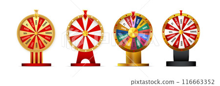 Fortune wheel vector set illustration for gambling background and lottery win concept. Wheel fortune for game and win jackpot. 116663352