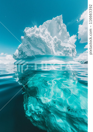 Above and below: split view of white iceberg floating in clear blue sea 116663392