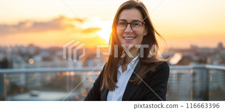 Ambitious businesswoman picturing investment opportunities at sunset in urban cityscape 116663396
