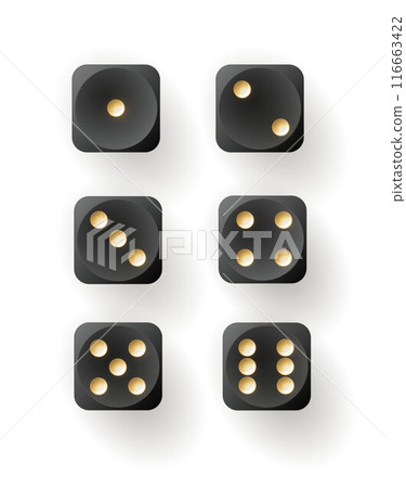 Dice of vector gambling games design, casino, craps and poker, tabletop or board games. Realistic black cubes Dice of vector gambling games design, casino, craps and poker, tabletop or board games. Realistic black cubes 116663422