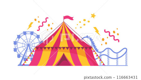 Amusement park composition with outdoor scenery and view of circus, rollercoaster and ferris wheel. Carnival party. Vector illustration. 116663431