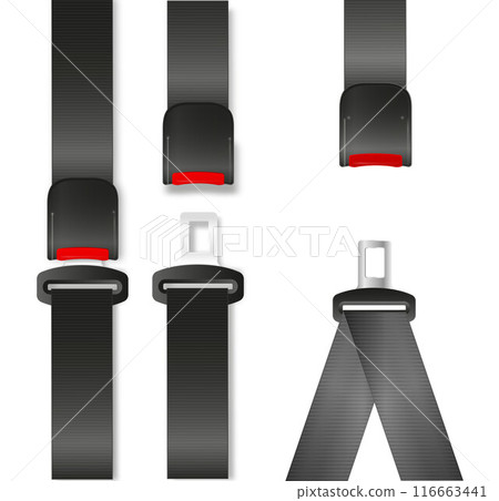 Safety seat belt, open and closed seatbelt. Art design road strap. Abstract concept car, airplane driver protection graphic element. Vector 116663441