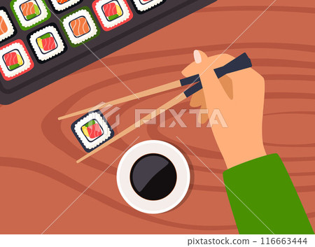 Sushi on wooden board with sushi chopsticks and soy sauce. Hand holds chopsticks with sushi. Hand holds bamboo sticks. Sushi illustration with trout fish, salmon and caviar. Vector illustration. 116663444