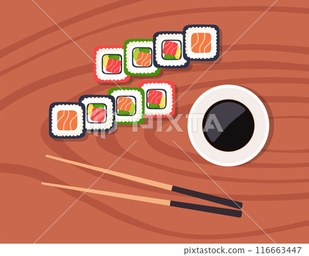 Sushi on wooden board with sushi chopsticks and soy sauce. Sushi illustration with trout fish, salmon and caviar. Sushi set. Vector illustration. Sushi on wooden board with sushi chopsticks and soy sauce. Sushi illustration with trout fish, salmon and caviar. Sushi set. Vector illustration. 116663447
