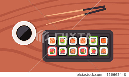 Sushi on wooden board with sushi chopsticks and soy sauce. Sushi illustration with trout fish, salmon and caviar. Sushi set. Vector illustration. Sushi on wooden board with sushi chopsticks and soy sauce. Sushi illustration with trout fish, salmon and caviar. Sushi set. Vector illustration. 116663448