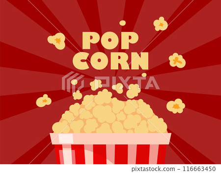 Popcorn bucket, realistic pop corn container. White and red bucket with flying out snack seeds. Striped paper box with popcorn. Vector illustration. 116663450
