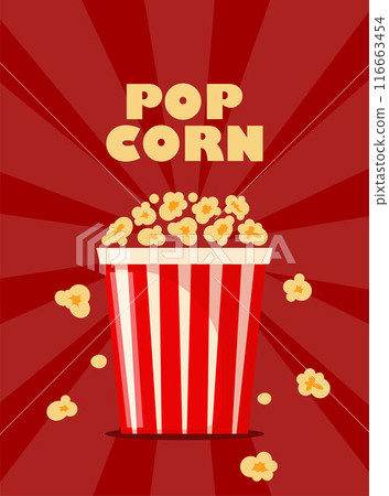 Popcorn bucket, realistic pop corn container. White and red bucket with flying out snack seeds. Striped paper box with popcorn. Vector illustration. 116663454