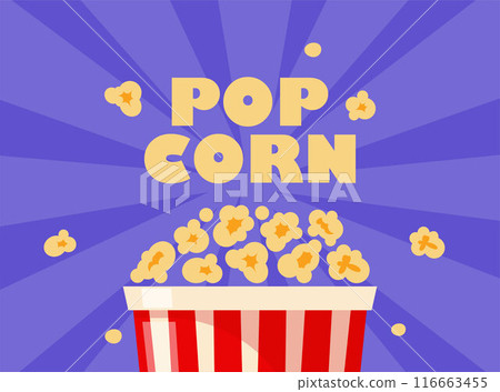 Popcorn bucket, realistic pop corn container. White and red bucket with flying out snack seeds. Striped paper box with popcorn. Vector illustration. Popcorn bucket, realistic pop corn container. White and red bucket with flying out snack seeds. Striped paper box with popcorn. Vector illustration. 116663455