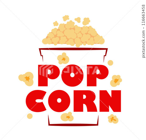 POPCORN logo. Popcorn text with pop corn snack icon. Red color. Graphic design for pop corn pack. Fast food Exploding label for bucket. Vector. POPCORN logo. Popcorn text with pop corn snack icon. Red color. Graphic design for pop corn pack. Fast food Exploding label for bucket. Vector. 116663458