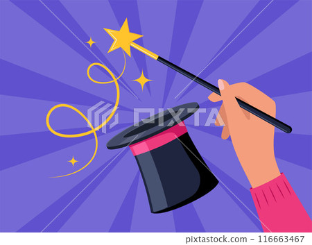 Hand holding magic wand. Sparks of stars over a magical black hat. Magician performs tricks, focus and illusions. Show entertainment. Vector illustration. Hand holding magic wand. Sparks of stars over a magical black hat. Magician performs tricks, focus and illusions. Show entertainment. Vector illustration. 116663467