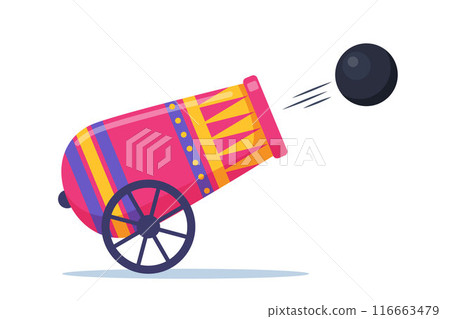 Cute circus cannon. Concept of circus equipment doing tricks and stunts for children, adults. Cannon firing. Vector illustration. Cute circus cannon. Concept of circus equipment doing tricks and stunts for children, adults. Cannon firing. Vector illustration. 116663479
