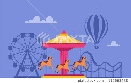 Amusement park composition with outdoor scenery and view of Carousel merry go round with horses, rollercoaster and ferris wheel. Vector illustration. 116663488
