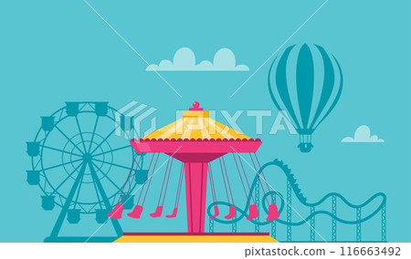 Amusement park composition with outdoor scenery and view of carousel, rollercoaster and ferris wheel. Vector illustration. 116663492