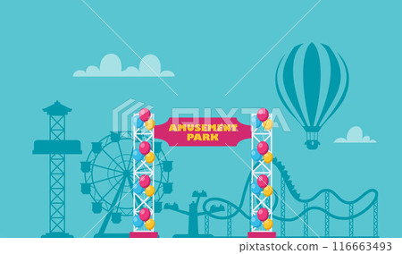 Amusement park composition with outdoor scenery and view of circus, rollercoaster and ferris wheel. Vector illustration. Amusement park composition with outdoor scenery and view of circus, rollercoaster and ferris wheel. Vector illustration. 116663493