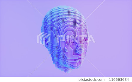 Abstract 3d Artificial Intelligence (AI) face. chat GPT concept. pixel style. Abstract 3d Artificial Intelligence (AI) face. chat GPT concept. pixel style. 116663684