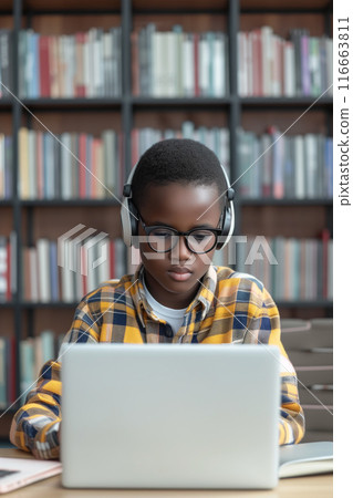 African american boy in headphones engaged in remote learning with laptop African american boy in headphones engaged in remote learning with laptop 116663811