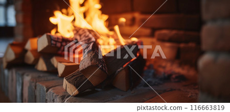 Cozy rustic fireplace with burning firewood creating warm and inviting ambiance 116663819