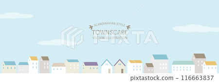Scandinavian-style vector illustration of a townscape with simple houses under a blue sky 116663837
