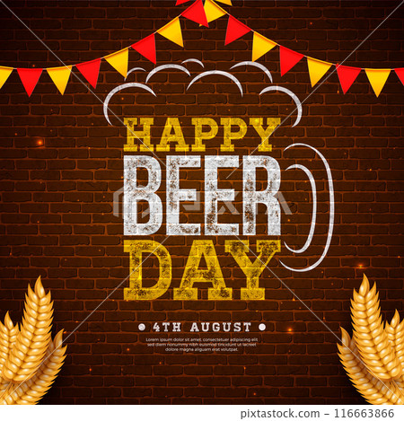 International Beer Day Design with Symbols of Freshly Tapped Beer in the Mug, Barley Ears and Party Flag on Brick Wall Background. August 4 Vector Cheers Celebration Holiday Illustration with 116663866