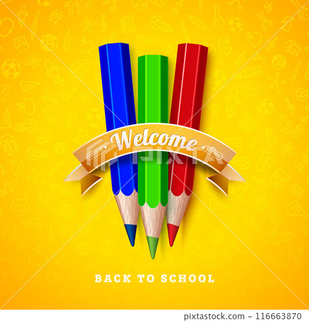 Back to School Design with Colorful Pencil and Typography Lettering in Ribbon on Yellow Hand Drawn Doodles Background. Vector School Illustration for Greeting Card, Banner, Flyer, Invitation, Brochure Back to School Design with Colorful Pencil and Typography Lettering in Ribbon on Yellow Hand Drawn Doodles Background. Vector School Illustration for Greeting Card, Banner, Flyer, Invitation, Brochure 116663870