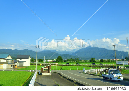 View from the train window from Yashiki Station on the JR East Joetsu Line to Joetsu Kokusai Ski Resort Station (Summer 2022) View from the train window from Yashiki Station on the JR East Joetsu Line to Joetsu Kokusai Ski Resort Station (Summer 2022) 116663980