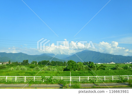 View from the train window from Yashiki Station on the JR East Joetsu Line to Joetsu Kokusai Ski Resort Station (Summer 2022) 116663981