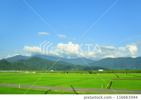 View from the train window from Yashiki Station on the JR East Joetsu Line to Joetsu Kokusai Ski Resort Station (Summer 2022) 116663994
