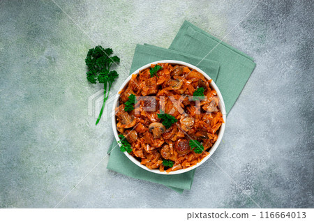 Bigos, bigus is a national Polish dish, made of cabbage and meat, stewed, homemade, no people, 116664013