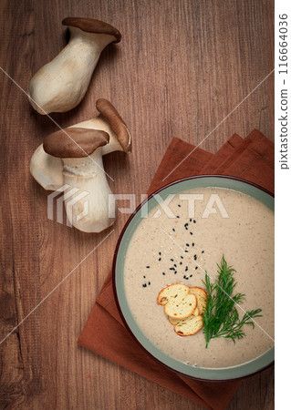 mushroom cream soup, with dill and bruschetta, mushroom eringi, mushroom cream soup, with dill and bruschetta, mushroom eringi, 116664036