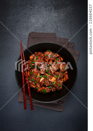 bulgogi, with mushrooms, with sesame seeds and green onions, Korean cuisine, homemade, no people, 116664037