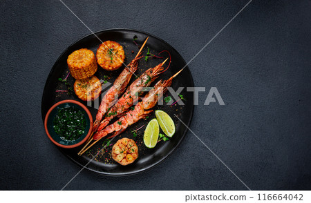 langoustines on skewers, shrimp kebab, with fried corn, spices and herbs, homemade, no people, langoustines on skewers, shrimp kebab, with fried corn, spices and herbs, homemade, no people, 116664042
