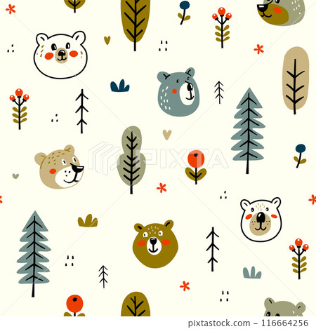 Cute Bear Forest cartoon Pattern. Adorable Seamless Vector Illustration Cute Bear Forest cartoon Pattern. Adorable Seamless Vector Illustration 116664256