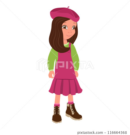 Flat Vector Illustration of Kid Girl in Red Dress and Beret, Cartoon Character Set For Animation, Various Views, Poses and Gestures. Item 3 116664368