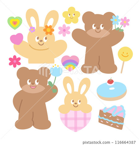 Illustration of teddy bear, bunny, flower, heart, donut, cake, candy for cartoon character, comic, mascot, animal, zoo, floral, picnic, summer, nature, garden, patches, brooch, easter, sweet dessert 116664387