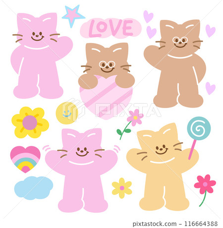 Illustration of cat, flower, heart, cloud, star, candy for cartoon character, comic, mascot, animal, pet, vet, floral, picnic, summer, nature, garden, cute patches, brooch, kitten sticker, Valentines 116664388