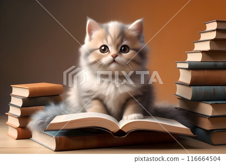 kitten with textbooks, isolated on orange background 116664504