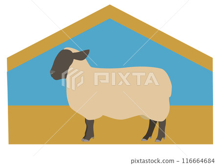 Cartoon style illustration of a side view of a sheepfold and Suffolk sheep Cartoon style illustration of a side view of a sheepfold and Suffolk sheep 116664684