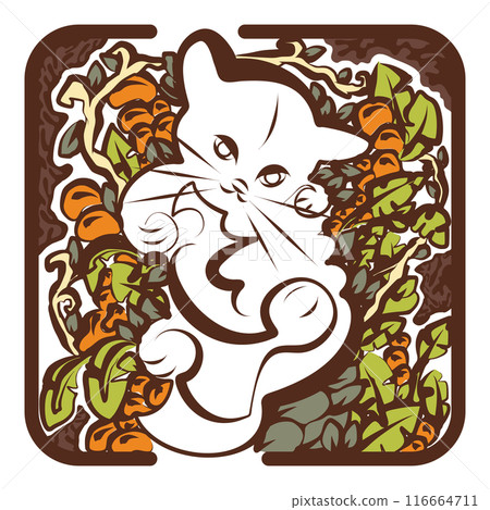 Floral Curled Up Kitten for Cat Lovers with Leaves 116664711