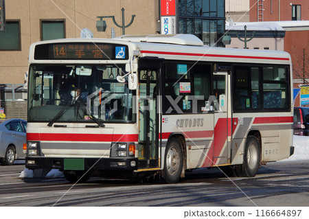 Hokkaido Chuo Bus (Route 14 - Umegen Line: Otaru Station ⇔ Temiya) in Otaru city in winter Hokkaido Chuo Bus (Route 14 - Umegen Line: Otaru Station ⇔ Temiya) in Otaru city in winter 116664897