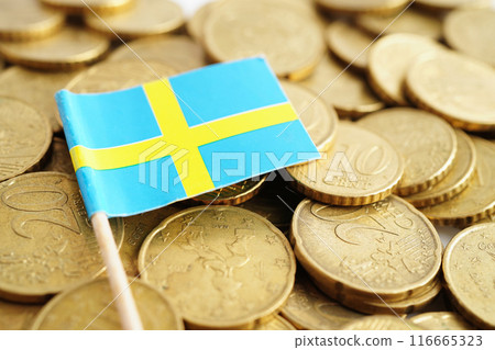 Sweden flag on coins background, finance and accounting, banking concept. Sweden flag on coins background, finance and accounting, banking concept. 116665323