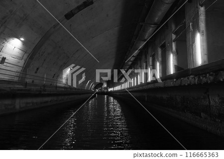 Industrial concrete tunnel. Aandoned underground military base 116665363