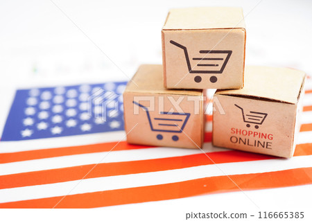 Online shopping, Shopping cart box on USA America flag, import export, finance commerce. 116665385