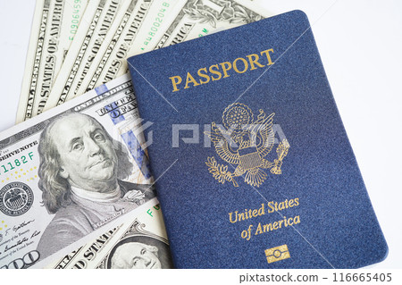 US passport with USA dollar money, American citizen in United States of America. 116665405