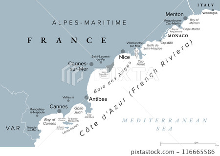 Monaco, Nice and Cannes, gray political map. The coastal strip of Alpes-Maritimes, a department of France, located on the French Riviera and Mediterranean Sea. With microstate Principality of Monaco. 116665586