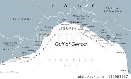 Liguria and the Italian Riviera, or Ligurian Riviera, gray political map. Region of north-western Italy, with capital Genoa. Narrow coastal strip between Ventimiglia and La Spezia on the Ligurian Sea. 116665587