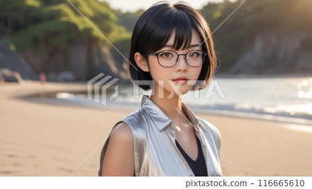 Portrait of a woman with short black hair and glasses 116665610