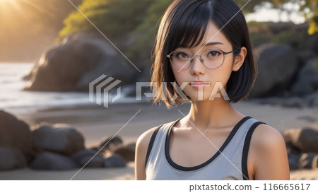 Portrait of a woman with short black hair and glasses 116665617
